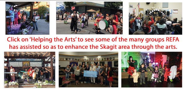 Six photos of past events, along with text reading Click here to see some of the many ways REFA has helped through the years to improve the Skagit area through the arts.